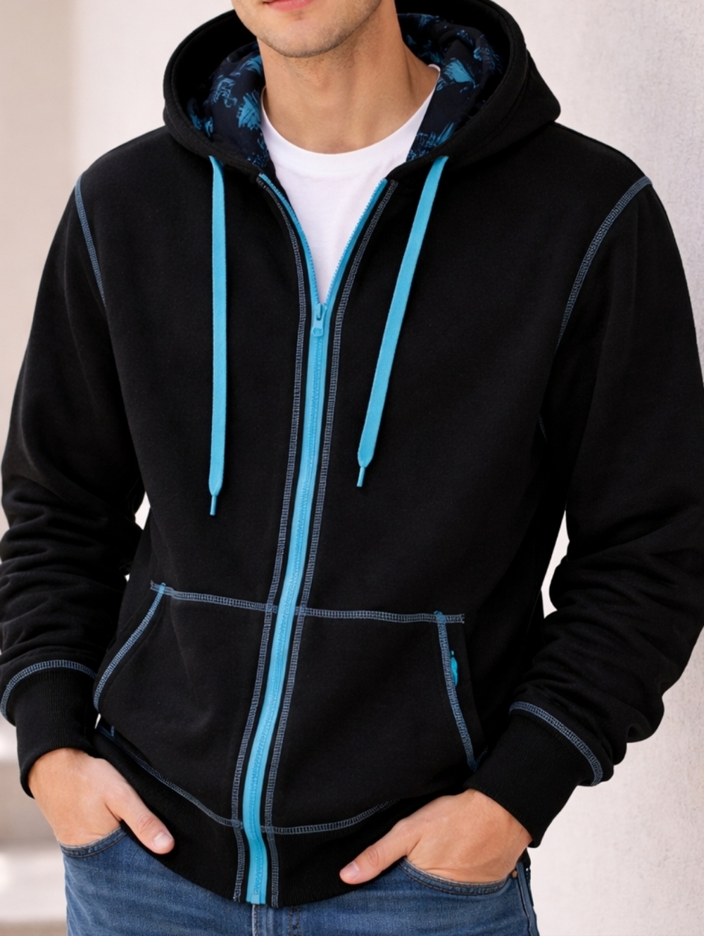 Men's Black Zip-Up Hoodie with Blue Trim #214